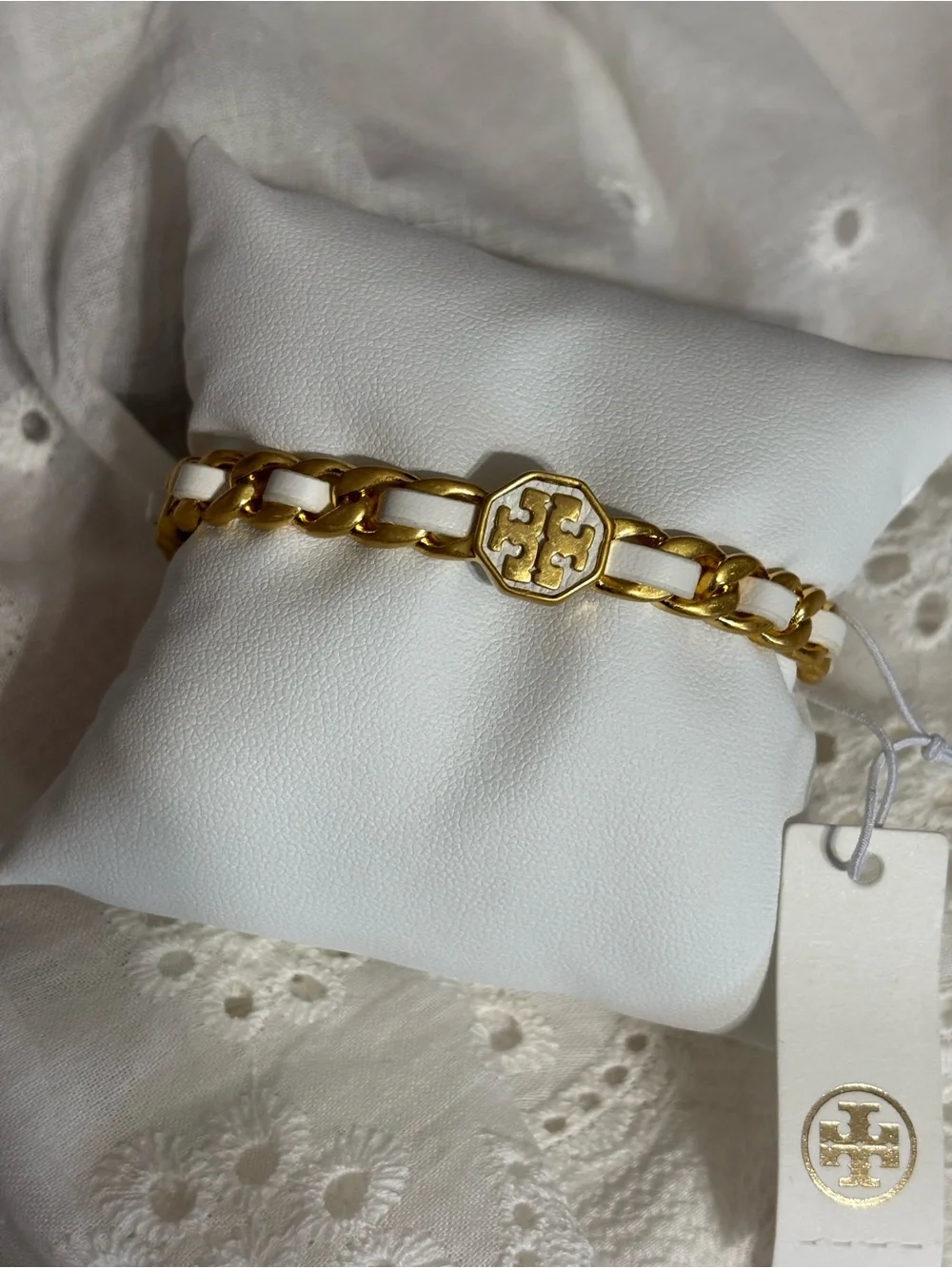 Tory Burch White Enamel and Gold Link Logo Bracelet